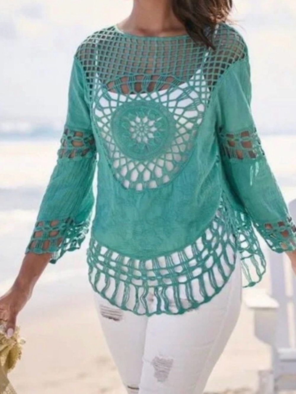 Venus | Macrame Top | Teal | size tag missing- see measurements.